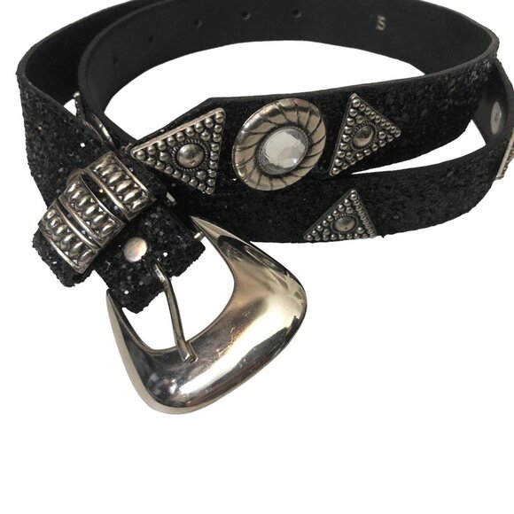 SOLD Vintage 80s Black Glitter Gemstone Embellished Statement Belt Size Small - Picture 2 of 6